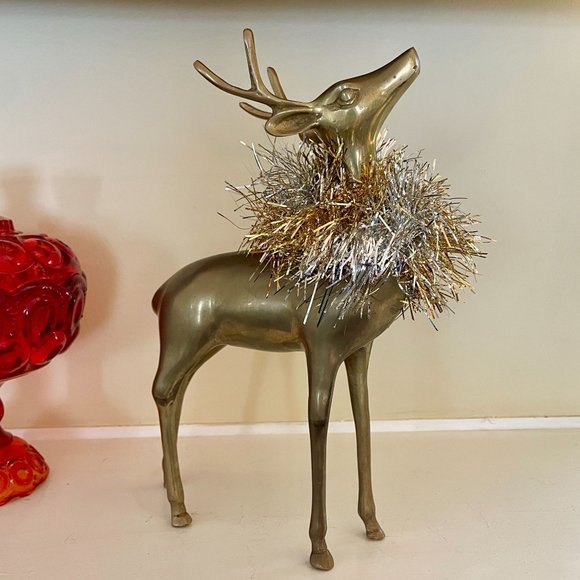 Large 12" Mid Century Standing Brass Deer Figure Xmas Reindeer Holiday Decor - Picture 8 of 8